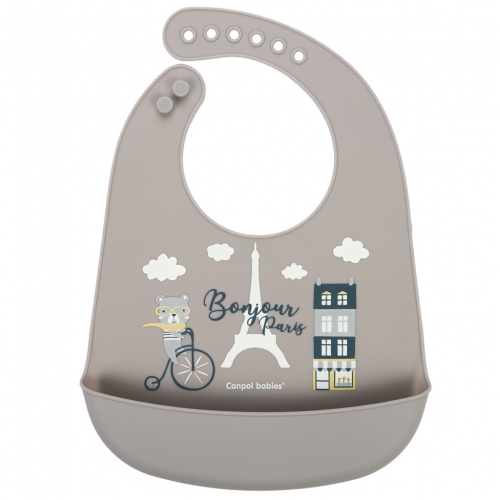Babero de silicona con bolsillo para bebés Canpol BONJOUR PARIS beige